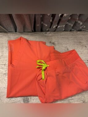 Figs Hot Coral Scrub Set with Neon Green Drawstring Detail